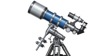 A blue and silver telescope with a tripod stand, angled to the left, against a white background.