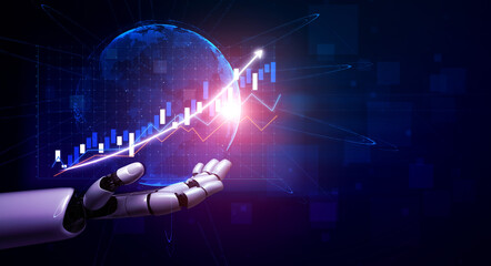 A futuristic robotic hand is elegantly presenting a digital graph with rising trends, symbolizing the intersection of advanced technology and data analysis in modern business. Impute