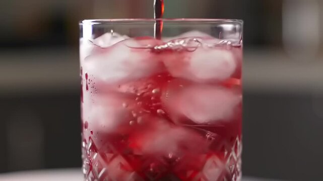 Red liquid poured into a glass with ice