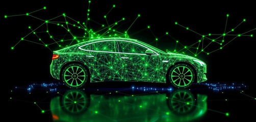 Abstract green network representing EV car concept, dark background, innovation, background