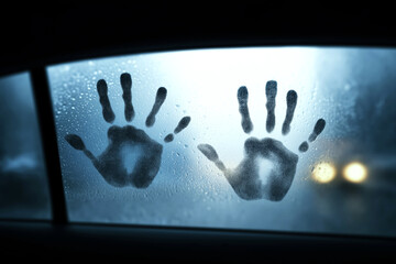 human hand prints on wet glass on a car window in the rain. Female palm print on fogged glass. Kidnapping people. Auto criminal