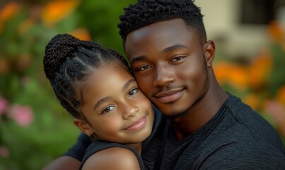 Young African American father and daughter hugging affectionately, celebrating Fathers Day with a tender and loving moment. This image highlights family bonding and the importance, Generative AI