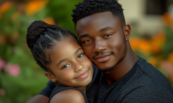 Young African American father and daughter hugging affectionately, celebrating Fathers Day with a tender and loving moment. This image highlights family bonding and the importance, Generative AI