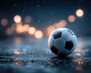 Fototapeta premium Soccer ball in rainy night urban setting sports photography artistic view