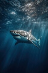 Fototapeta premium Great white shark swimming in deep ocean waters underwater photography