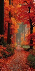 Autumnal path through vibrant red forest
