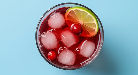 Vibrant Red Cranberry Cocktail with Ice Cubes, Lime Slice, and Berries on a Blue Background