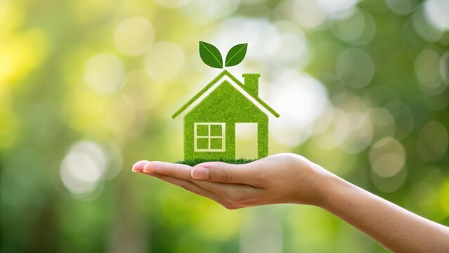 Close-up of hand presenting eco-friendly home icon — representing green energy and nature harmony