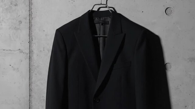 black business suit jacket hanging on concrete wall