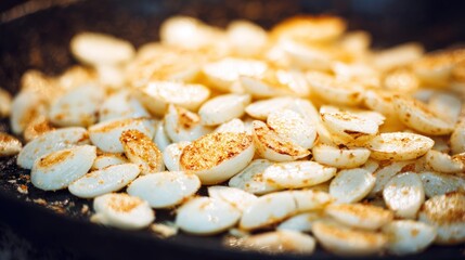 Frying small, round, white food in a pan