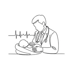 Doctor with Heartbeat Line &ndash; Medical One Line Vector Drawing for Healthcare