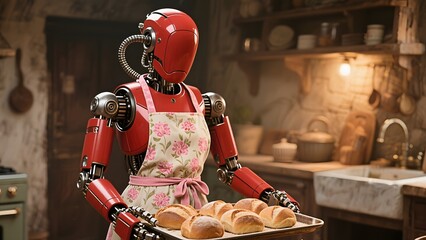 red robot baking bread. In the future robots will change us