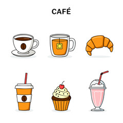 Café and coffee shop food and drink icons illustration