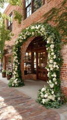 Brick building entrance adorned with a large, lush floral arch