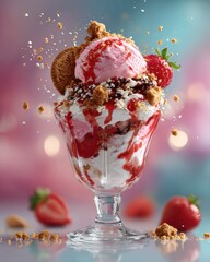 Colorful ice cream sundae delight a close-up food photography indulgence