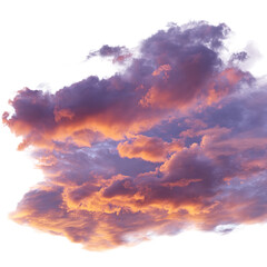 Dramatic purple and orange sunset cloud on a transparent background for design