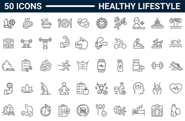 Healthy lifestyle line icon set. Includes Work and rest, physical activity, exercise, gym, sleep, body care and a diet. Editable stroke. Vector illustration