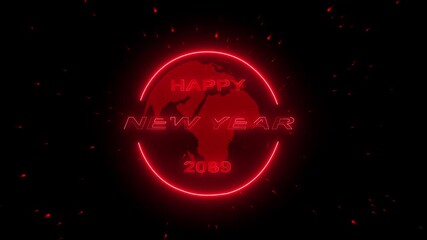 4k video 2089 concept of new year beginning, happy celebration, festival, new life, growth of business investment, finance, innovation. Glowing neon line word of Happy New Year 2089 on virtual screen.