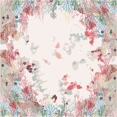 Hand drawn coral reef with colorful sea plants and tropical floral arrangement for ocean inspired decorative border design
