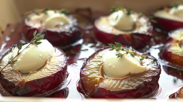 Roasted plums topped with creamy sauce and thyme