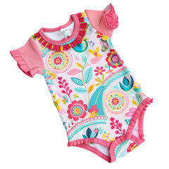Infant Bodysuit with Floral Pattern, Pink and Coral Short-Sleeve Baby Clothes, Newborn Outfit, Summer Apparel isolated on transparent background