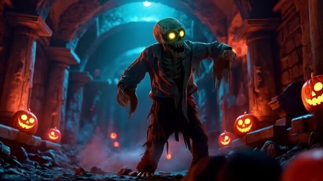 Zombie with glowing eyes in a dark crypt surrounded by jack o lanterns for halloween night scene halloween zombie video