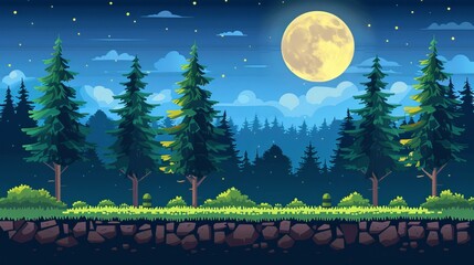 Serene pixel art forest under a glowing full moon  a night of enchantment and wonder