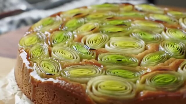 Round cake with many rolled-up leeks
