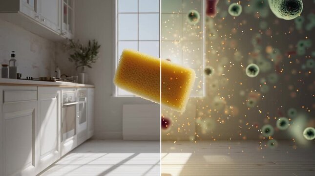 3D animated split-screen video of a bright white kitchen with a levitating sponge; left side filled with glowing bacteria, right side glowing clean, symbolizing freshness, hygiene, and home cleanlines