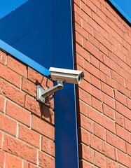 Security camera on brick building exterior