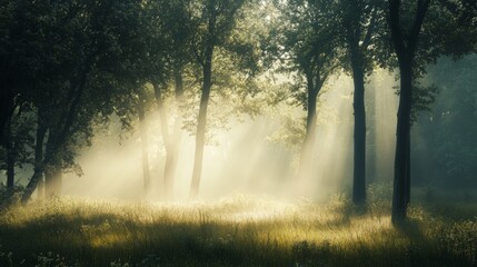 Sun rays breaking through the morning fog in a green forest