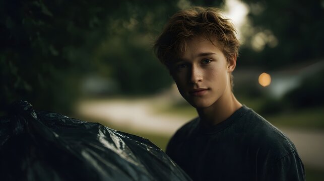 Teenager taking out garbage in a suburban setting