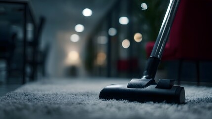 Vacuum cleaner in use in an office workspace at night
