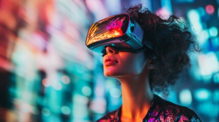 Woman wearing VR headset, experiencing virtual reality.  The neon lights background makes it an even more captivating image.