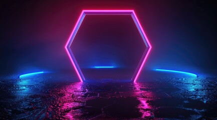 A neon glowing hexagon frame on a black background, with blue and purple light effects. A glowing futuristic shape for text or design elements in the style of text or design element
