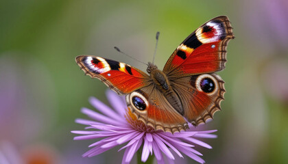 Obraz premium Peacock Butterfly Resting on Aster Flower in Bavaria, Germany