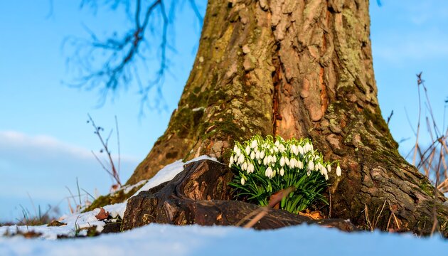 Snow-covered tree trunk with spring flowers