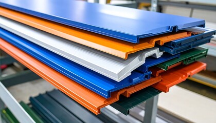 Colorful panels stacked on metal shelves