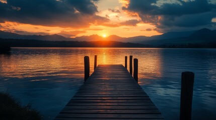 Fototapeta premium Golden sunset over a calm lake with a wooden dock leading to the horizon.