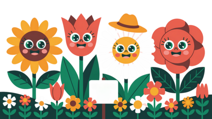 Cheerful cartoon flowers in a garden with a blank sign.