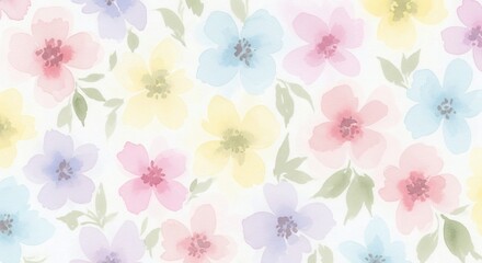 Obraz premium A delicate seamless pattern of soft pastel flowers, showcasing a gentle, whisked watercolor style on a light floral background.