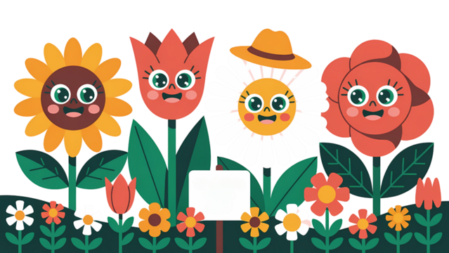 Cheerful cartoon flowers in a garden with a blank sign. - Powered by Adobe