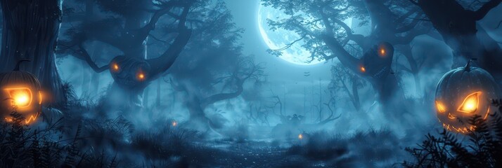 Obraz premium Spooky halloween night in haunted forest with glowing pumpkins and full moon. Horizontal banner. Copy space. Mystical background with ominous pumpkins