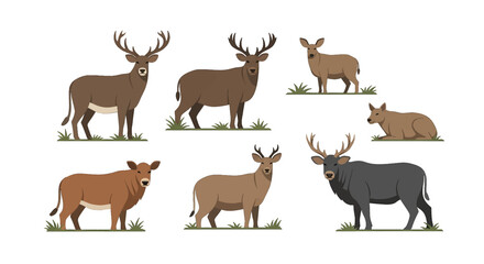 Obraz premium Pixel Art Style Brown Deer Illustration Set on White Background Featuring Antlers and Various Poses