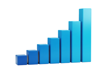 A rising bar graph of 3D blue blocks in an ascending gradient symbolizing growth and progress