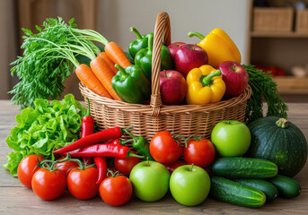Abundant harvest of fresh vegetables and fruits in a wicker basket