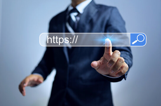 https website domain concept with businessman pointing on searching bar to security connection with hypertext transfer protocol secure