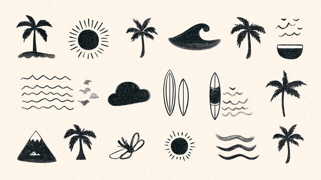 Hand-drawn doodle beach and surf icon vector set with tropical elements like palm trees, waves, surfboards, and sun.summer designs coastal design.vector set of  smmer tropical beach icon