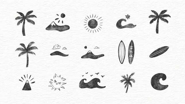 Hand-drawn doodle beach and surf icon vector set with tropical elements like palm trees, waves, surfboards, and sun.summer designs coastal design.vector set of  smmer tropical beach icon