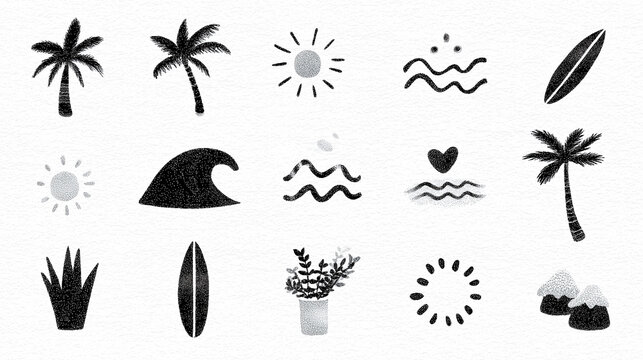 Hand-drawn doodle beach and surf icon vector set with tropical elements like palm trees, waves, surfboards, and sun.summer designs coastal design.vector set of  smmer tropical beach icon